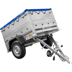 Przyczepka lekka 150x106 UNITRAILER GARDEN 150 KIPP z burtami BIS i pokrowcem niebieskim