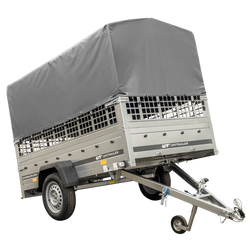 Przyczepka samochodowa 230x125 UNITRAILER GARDEN 230 KIPP z burtami siatkowymi, stelażem H-800 i pokrowcem szarym