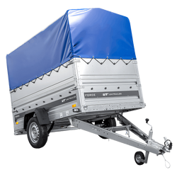 Przyczepka jednoosiowa na resorach 230x125 UNITRAILER FORCE 230/R KIPP z burtami BIS, stelażem H-800 i pokrowcem niebieskim