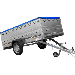 Przyczepka jednoosiowa 264x125 UNITRAILER GARDEN 264 KIPP z burtami BIS i plandeką niebieską